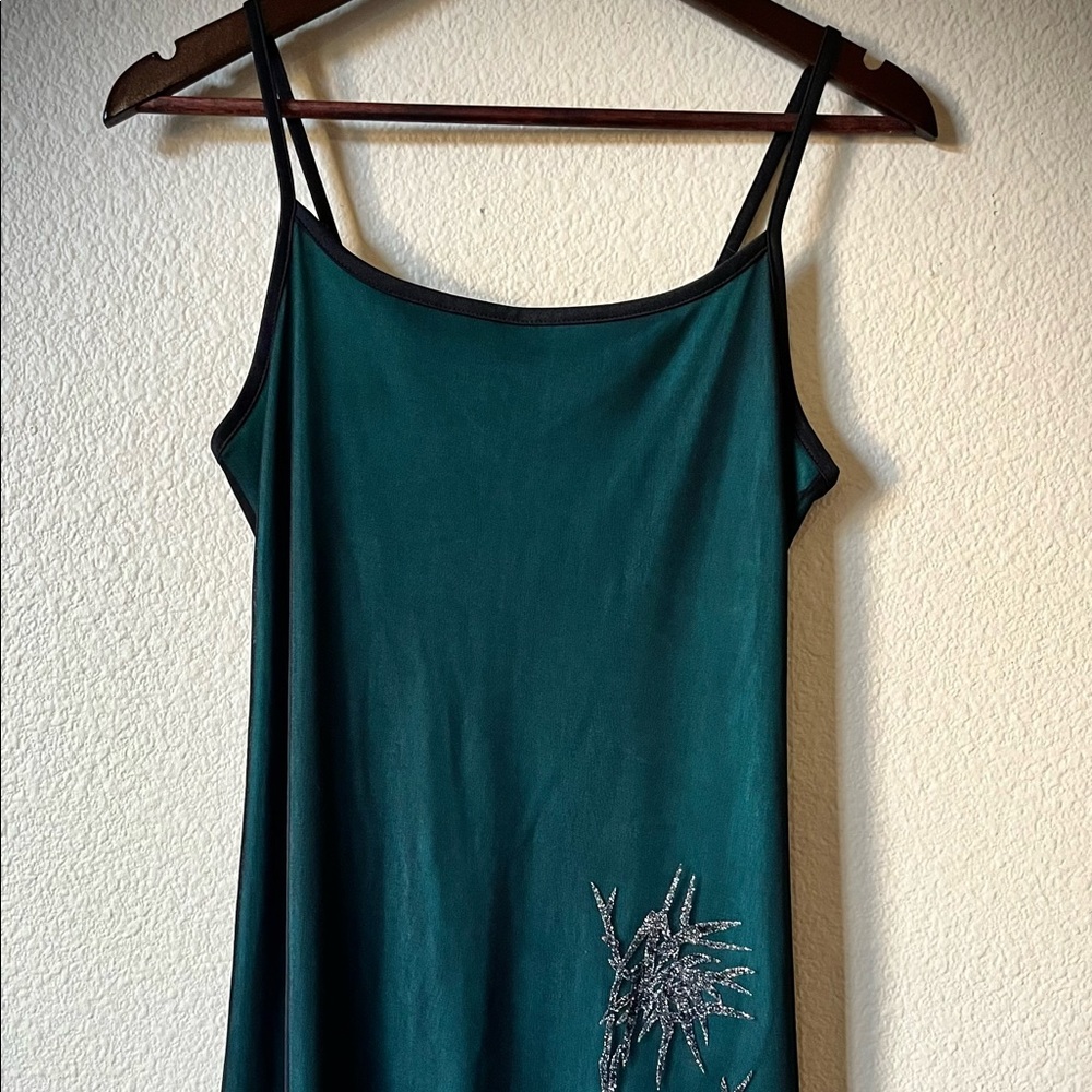 Black Mesh-Layered Teal Palm-Tree Party Dress